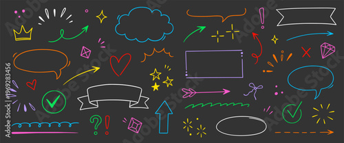 Cute arrow, star, frame hand drawn line set. Cute arrow line hand drawn heart underline dairy element icon. Star frame, doodle cloud marker sketch cartoon children colorful love. Vector illustration
