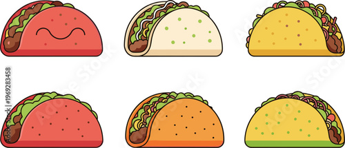 Taco Fast Food Set Collection with Mexican Street Food, Filled Tortilla Shells, and Delicious Snack Variations Vector Illustration