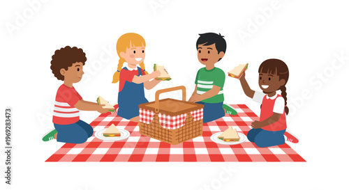Four diverse children sit on a red checkered blanket, enjoying a sunny picnic with sandwiches and a basket in the middle of their circle.