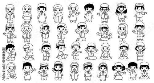 Collection of cartoon characters in various poses and outfits, black and white.