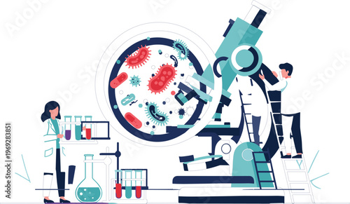 Scientists Using Microscope to Study Bacteria and Microorganisms in Laboratory Research with Medical Testing Equipment and Biotechnology Science Concept Vector Illustration