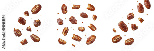 Canvastavla Flying and falling pieces of dried dates fruit isolated on white background