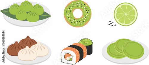 Asian Food Collection with Dumplings, Sushi Rolls, Matcha Desserts, and Lime Slice Traditional Cuisine Vector Illustration Set