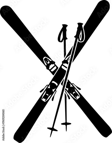 Skiing equipment, skis and poles, winter sports, black icons, vector graphics
