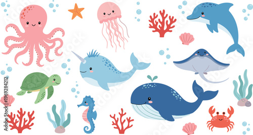 Large Collection of Cute Sea Animal Vector Characters Including Whale, Dolphin, Octopus, Stingray, Narwhal, Turtle, and Jellyfish for Kids Ocean Themed Nursery Designs