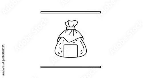 Hand drawn icon of a rice ball onigiri with a square window, simple line art