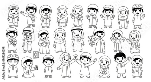 Collection of cartoon children in traditional Arab clothing.