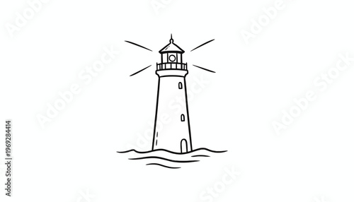 Hand-drawn lighthouse guiding ships with light beams over wavy sea, simple line art.