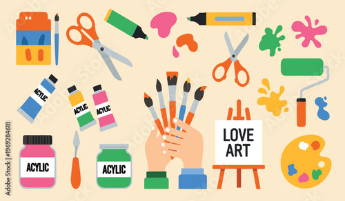 Art and Painting Supplies Set with Acrylic Paint Tubes, Brushes, Palette, Scissors, and Creative Tools for Artists, Craft Projects, and Art Studio Vector Illustration