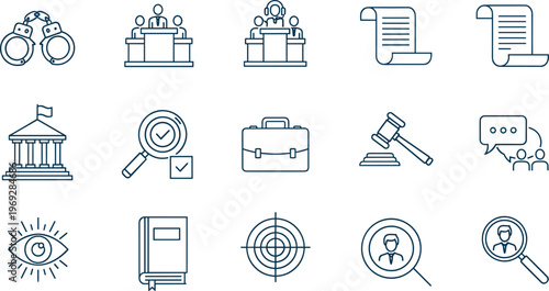 Law and justice line icons set, court, judge, legal document, investigation, lawyer, compliance, contract, target, authority, outline illustration