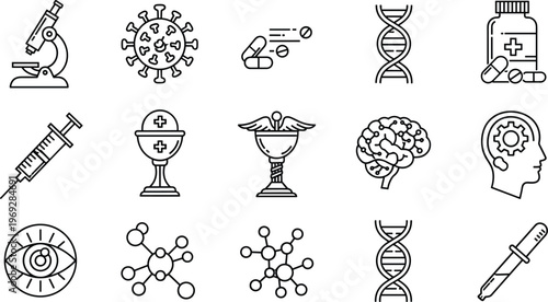 Medical science line icons set, healthcare, virus, dna, vaccine, syringe, pharmacy, research, brain, medicine, laboratory, outline illustration