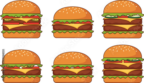 Burger Fast Food Set Collection with Cheeseburgers, Lettuce, Tomato, and Beef Patties Delicious Meal Vector Illustration