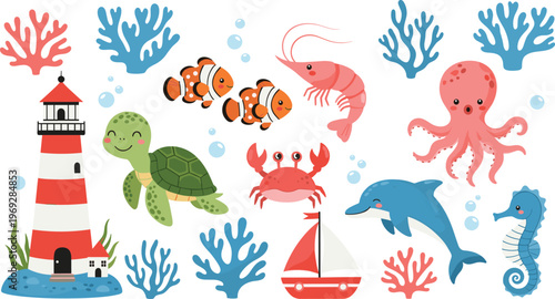Nautical Sea Life Vector Set Featuring Lighthouse, Sailboat, Sea Turtle, Dolphin, Clownfish, and Colorful Coral Reef Elements for Marine Theme Nursery Designs