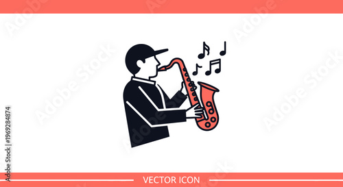 Musician playing saxophone with musical notes, vector icon illustration
