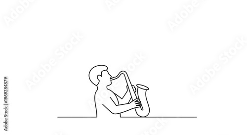 Musician playing saxophone, single line drawing, minimalist style, jazz music concept