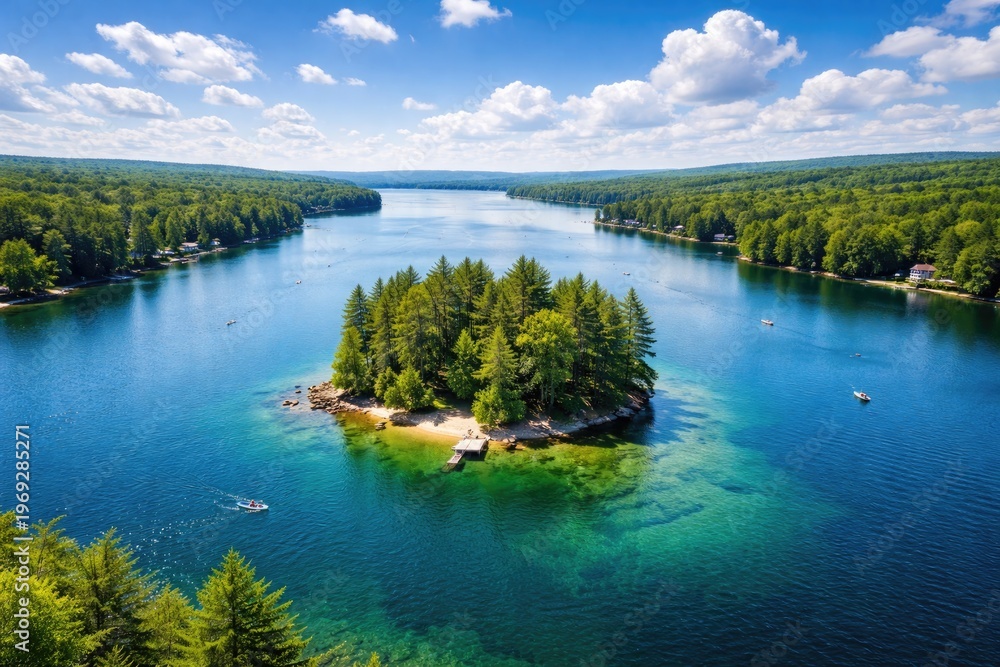 Fototapeta premium Aerial view of a bright summer day over a peaceful lake with a small island