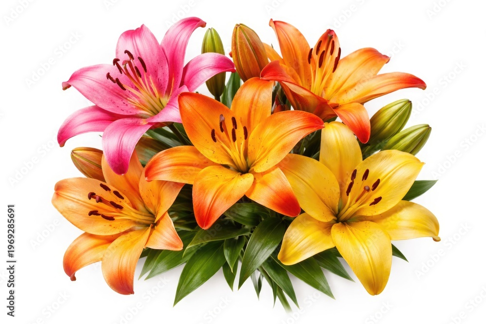 Obraz premium Bright lily flowers in pink orange and yellow shades isolated on white background