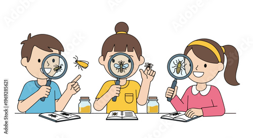 Three curious children use magnifying glasses to observe and study different types of insects in their notebooks during a fun science class.