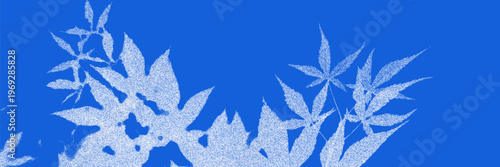 Cyanotype maple leaves botanical background. Stipple dot overlay texture with leaf and twig silhouette. Delicate indigo blue nature banner for template and graphic design project.