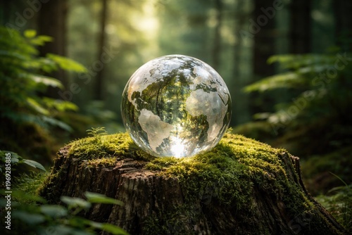 A delicate glass globe resting on a mossy stump in a dense forest highlighting nature and environment