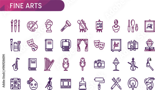Fine Arts and Creative Tools Icon Set Featuring Painting Brushes, Palette, Sculpture, Theater Masks, Musical Instruments, Camera, and Art Equipment Vector Collection
