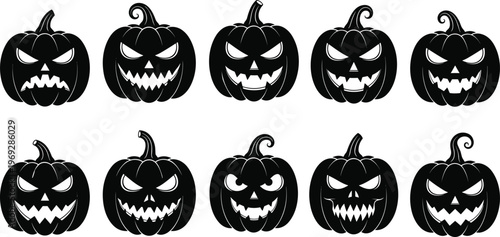 Set of spooky Halloween pumpkin faces vector, scary jack-o'-lantern silhouettes with angry expressions, perfect for Halloween decorations, party, or invitation designs
