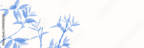 Cyanotype halftone overlay texture bg with leaves silhouettes. Vector soft blue wallpaper for template, graphic design projects, artworks