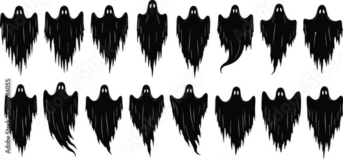 Set of spooky ghost silhouettes, horror Halloween spirits, haunted phantom icons, creepy black specters, scary floating ghosts, vector illustration collection