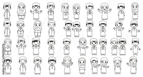 Collection of cartoon characters in various poses and expressions, black and white.