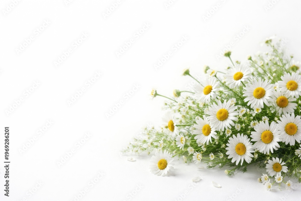 Fototapeta premium Delicate chamomile daisy floral arrangement with white background and copy space