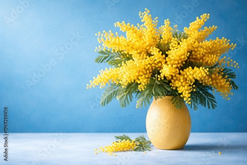 Bright yellow mimosa flower vase on blue background with copy space for spring design