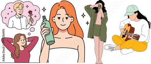Illustration of Women Engaged in Various Activities Like Skincare, Playing Guitar, and Taking Photos in a Stylish, Colorful Design