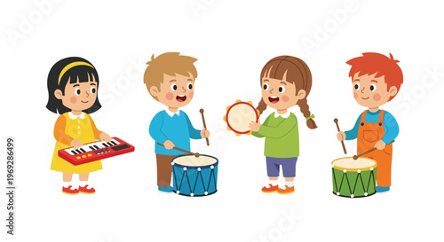 A group of four happy diverse children playing various musical instruments like drums, a keyboard, and a tambourine in a cartoon illustration.