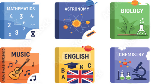 School Subject Book Icons Set Featuring Mathematics, Astronomy, Biology, Music, English, and Chemistry Education Learning Vector Illustration