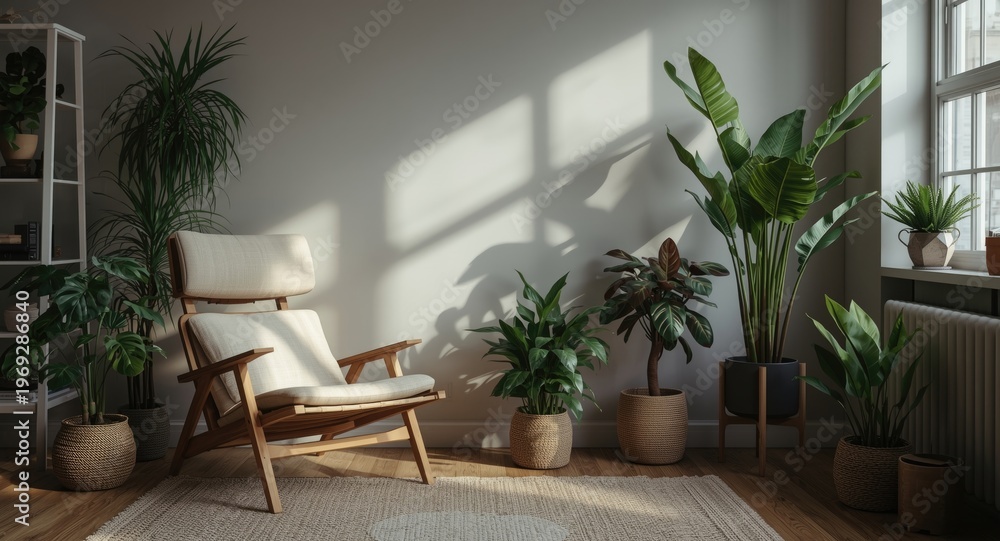 Fototapeta premium Trendy living room interior featuring wooden lounge chair and decorative indoor plants