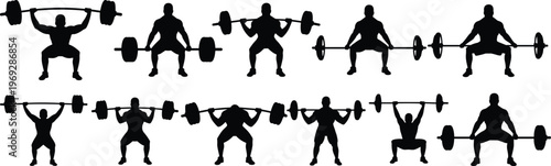 Silhouette collection of weightlifters lifting barbells, gym training poses, fitness workout positions, strength exercise vector, bodybuilding, powerlifting, sports illustrations