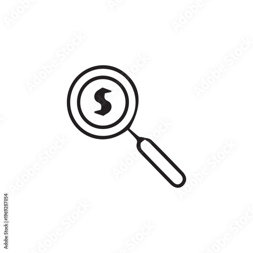 Minimalist dollar sign magnifying glass on white. Neutral lighting and analytical mood. Ideal for banking apps, financial UI, and business reports.