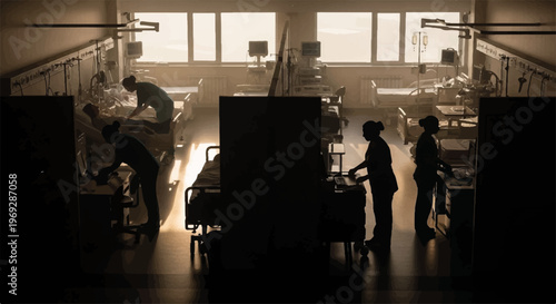Hospital interior, medical staff, dark mood, sepia tones, healthcare workers