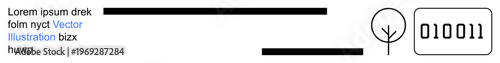Digital communication, data , technology design, programming concepts, ecological design, graphical storytelling. Binary code and tree symbol alongside horizontal lines. Digital communication