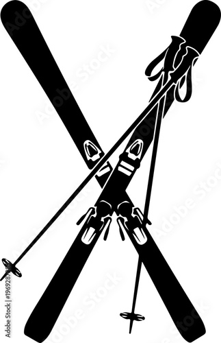 Skiing equipment, skis and poles, winter sports vector, black icons, isolated graphics