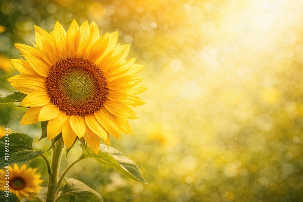 Obraz premium Sunflower bloom with bright background texture and copy space