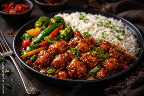 Indian Chinese style Chicken Manchurian with basmati rice and mixed vegetables on dark backdrop
