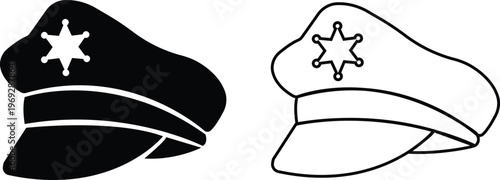 Police officer hat icon set in flat, outline styles. Military and security uniform cap silhouettes collection, law enforcement headwear vectors for authority design isolated on transparent background.