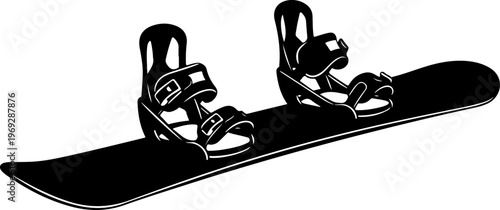 Black snowboard, snowboard bindings, winter sports equipment, vector illustration, monochrome design