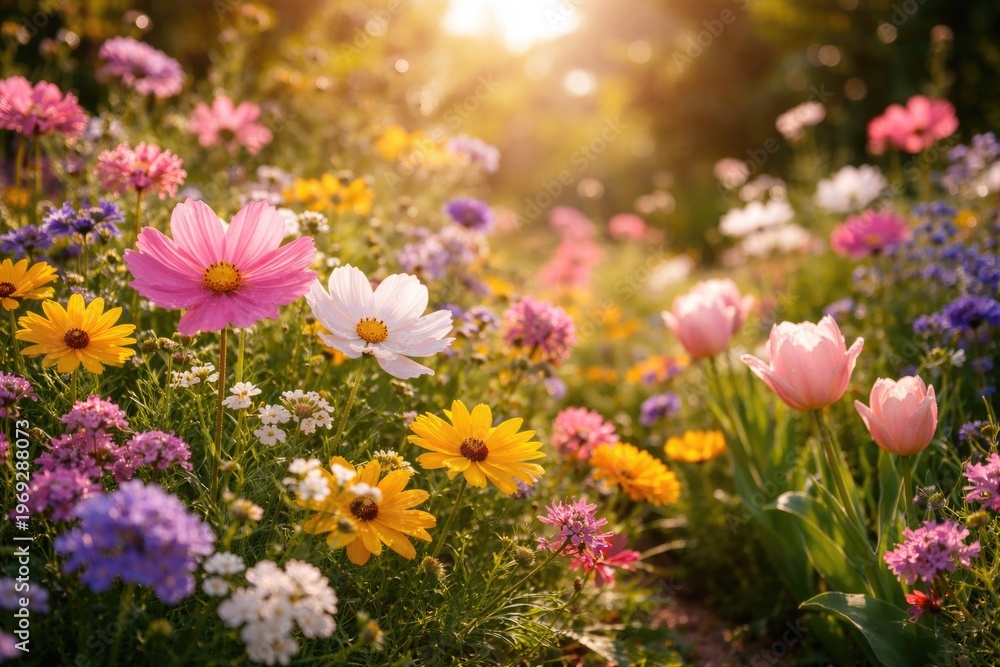 Fototapeta premium Beautiful springtime flowers blooming in a sunny garden
