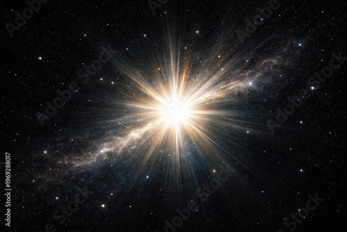 Radiant burst of light against a vast black night sky filled with twinkling stars