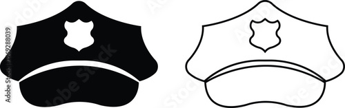 Police officer hat icon set in flat, outline styles. Military and security uniform cap silhouettes collection, law enforcement headwear vectors for authority design isolated on transparent background.
