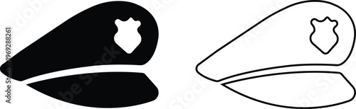 Police officer hat icon set in flat, outline styles. Military and security uniform cap silhouettes collection, law enforcement headwear vectors for authority design isolated on transparent background.