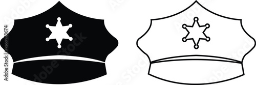 Police officer hat icon set in flat, outline styles. Military and security uniform cap silhouettes collection, law enforcement headwear vectors for authority design isolated on transparent background.