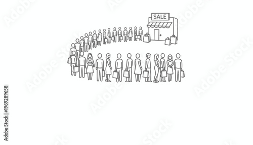 Long Queue of Shoppers Outside Store with Sale Sign, Shopping Bags
